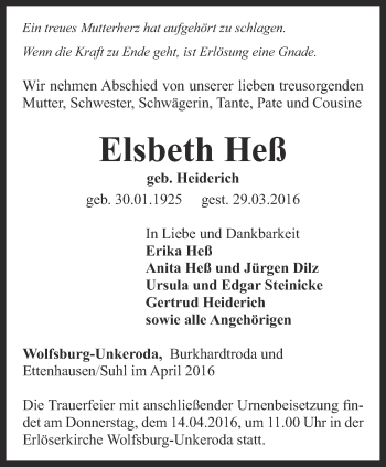 Traueranzeige von Elsbeth Heß von Thüringer Allgemeine, Thüringische Landeszeitung