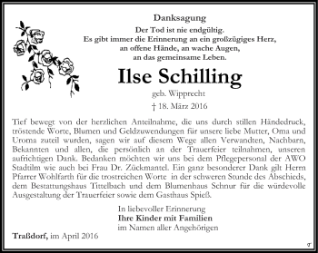 Traueranzeige von Ilse Schilling von Thüringer Allgemeine