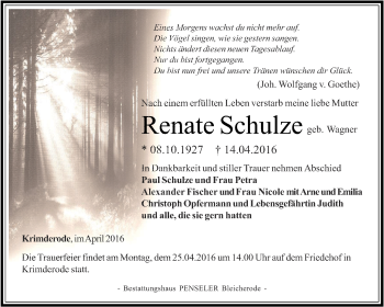 Traueranzeige von Renate Schulze von Thüringer Allgemeine