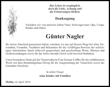 Traueranzeige von Günter Nagler von Ostthüringer Zeitung