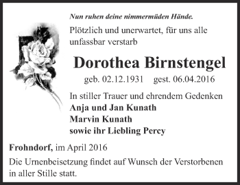 Traueranzeige von Dorothea Birnstengel von Thüringer Allgemeine