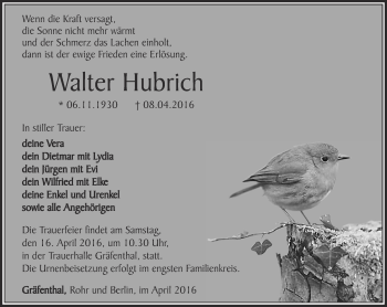 Traueranzeige von Walter Hubrich von Ostthüringer Zeitung
