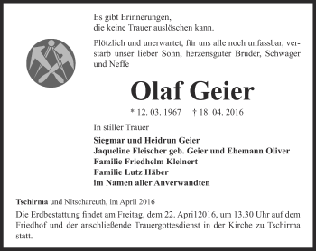 Traueranzeige von Olaf Geier von Ostthüringer Zeitung