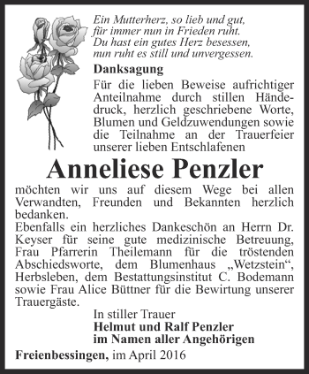 Traueranzeige von Anneliese Penzler von Thüringer Allgemeine