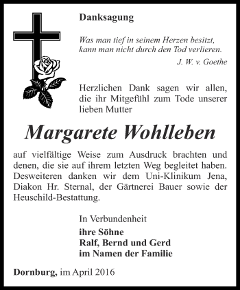 Traueranzeige von Margarete Wohlleben von Ostthüringer Zeitung, Thüringische Landeszeitung
