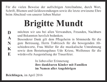 Traueranzeige von Brigitte Mundt von Thüringer Allgemeine