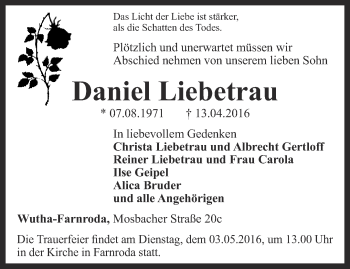 Traueranzeige von Daniel Liebetrau von Thüringer Allgemeine, Thüringische Landeszeitung