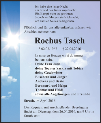 Traueranzeige von Rochus Tasch von Thüringer Allgemeine, Thüringische Landeszeitung