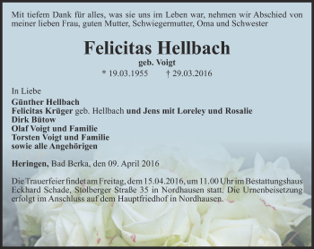 Traueranzeige von Felicitas Hellbach von Thüringer Allgemeine