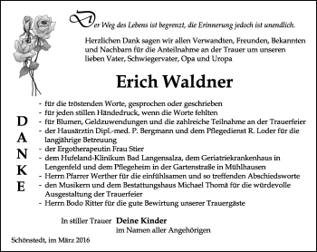 Traueranzeige von Erich Waldner von Thüringer Allgemeine, Thüringische Landeszeitung