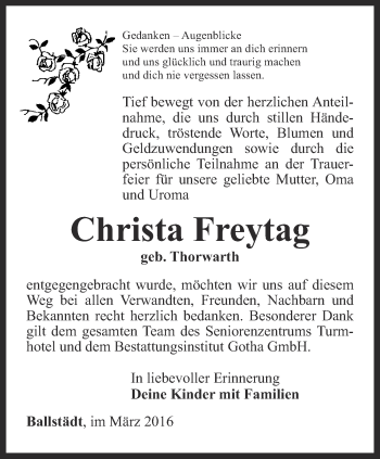 Traueranzeige von Christa Freytag von Ostthüringer Zeitung, Thüringische Landeszeitung