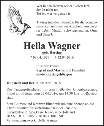 Traueranzeige von Hella Wagner von Thüringer Allgemeine, Thüringische Landeszeitung