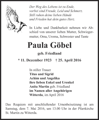 Traueranzeige von Paula Göbel von Thüringer Allgemeine, Thüringische Landeszeitung