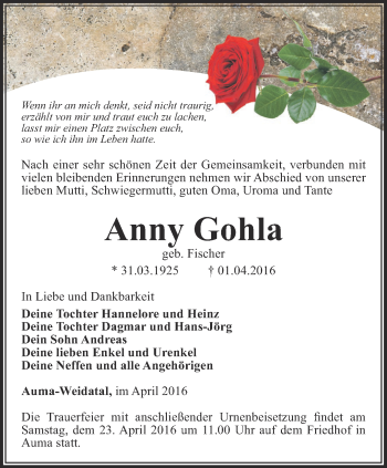 Traueranzeige von Anny Gohla von Ostthüringer Zeitung