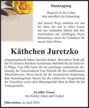 Traueranzeige von Käthchen Juretzko von Thüringer Allgemeine