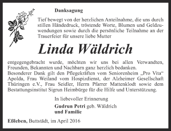 Traueranzeige von Linda Wäldrich von Thüringer Allgemeine