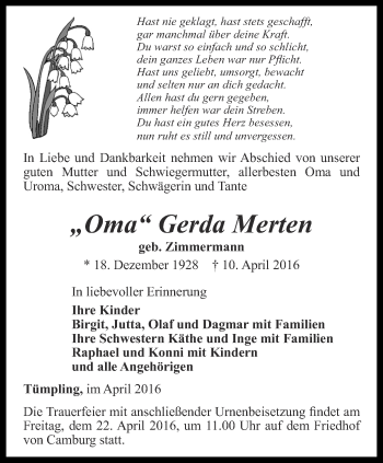Traueranzeige von Gerda Merten von Ostthüringer Zeitung, Thüringische Landeszeitung