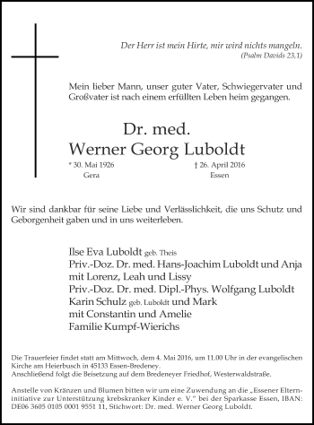 Traueranzeige von Werner Georg Luboldt von Ostthüringer Zeitung