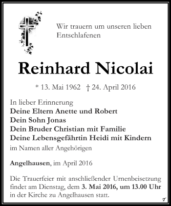 Traueranzeige von Reinhard Nicolai von Thüringer Allgemeine