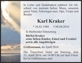 Traueranzeige von Karl Kraker von Thüringer Allgemeine, Thüringische Landeszeitung