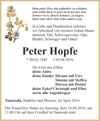 Traueranzeige von Peter Hopfe von Thüringer Allgemeine, Thüringische Landeszeitung