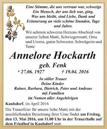 Traueranzeige von Annelore Hockarth von Ostthüringer Zeitung