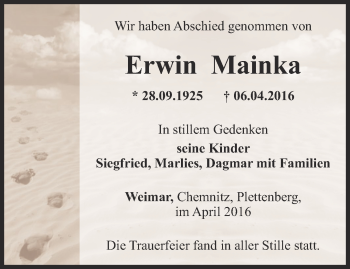 Traueranzeige von Erwin Mainka von Thüringer Allgemeine, Thüringische Landeszeitung