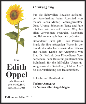 Traueranzeige von Edith Oppel von Thüringer Allgemeine, Thüringische Landeszeitung