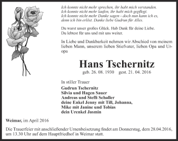 Traueranzeige von Hans Tschernitz von Thüringer Allgemeine, Thüringische Landeszeitung