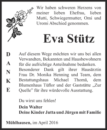 Traueranzeige von Eva Stütz von Thüringer Allgemeine, Thüringische Landeszeitung