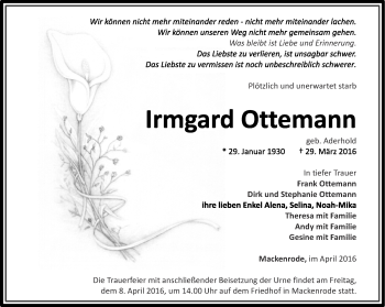 Traueranzeige von Irmgard Ottemann von Thüringer Allgemeine