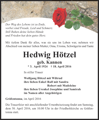 Traueranzeige von Hedwig Hötzel von Thüringer Allgemeine, Thüringische Landeszeitung