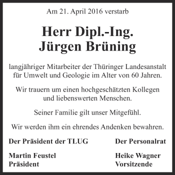 Traueranzeige von Jürgen Brüning von Ostthüringer Zeitung, Thüringische Landeszeitung