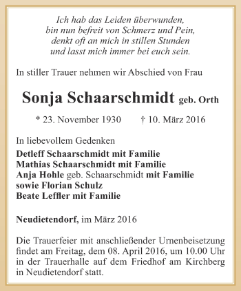 Traueranzeige von Sonja Schaarschmidt von Ostthüringer Zeitung, Thüringische Landeszeitung