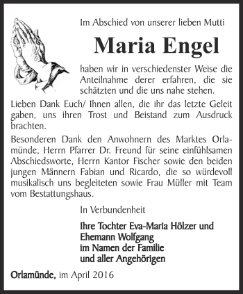 Traueranzeige von Maria Engel von Ostthüringer Zeitung, Thüringische Landeszeitung