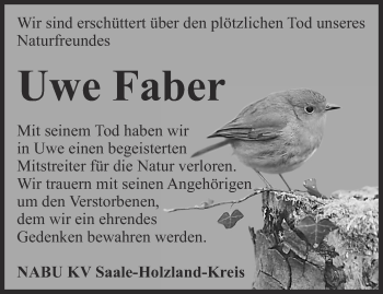 Traueranzeige von Uwe Faber von Ostthüringer Zeitung