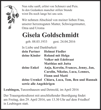 Traueranzeige von Gisela Goldschmidt von Thüringer Allgemeine