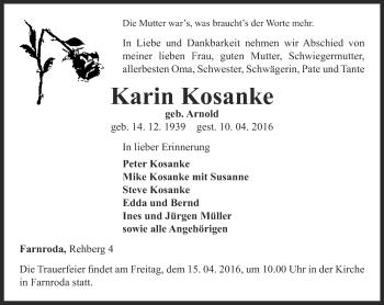 Traueranzeige von Karin Kosanke von Thüringer Allgemeine, Thüringische Landeszeitung