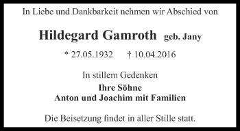 Traueranzeige von Hildegard Gamroth von Thüringer Allgemeine, Thüringische Landeszeitung