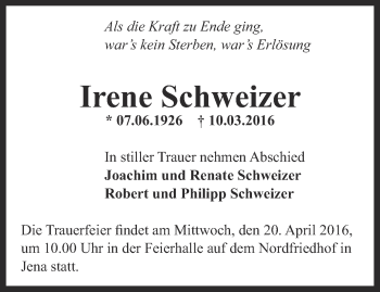 Traueranzeige von Irene Schweizer von Ostthüringer Zeitung, Thüringische Landeszeitung