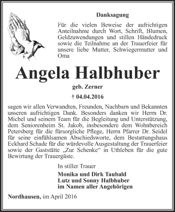 Traueranzeige von Angela Halbhuber von Thüringer Allgemeine