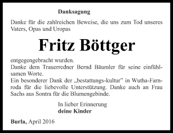 Traueranzeige von Fritz Böttger von Thüringer Allgemeine, Thüringische Landeszeitung