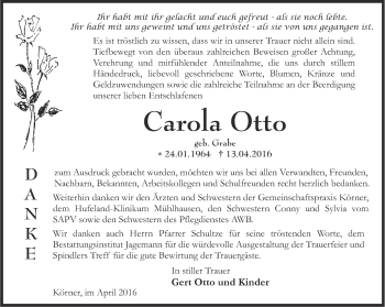Traueranzeige von Carola Otto von Thüringer Allgemeine, Thüringische Landeszeitung