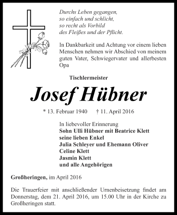 Traueranzeige von Josef Hübner von Thüringer Allgemeine, Thüringische Landeszeitung