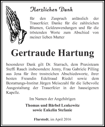 Traueranzeige von Gertraud Hartung von Thüringer Allgemeine, Thüringische Landeszeitung