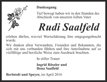 Traueranzeige von Rudi Saalfelder von Thüringer Allgemeine, Thüringische Landeszeitung