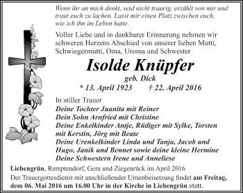 Traueranzeige von Isolde Knüpfer von Ostthüringer Zeitung