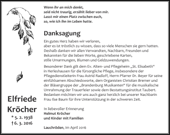 Traueranzeige von Elfriede Kröcher von Thüringer Allgemeine, Thüringische Landeszeitung