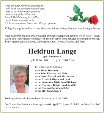 Traueranzeige von Heidrun Lange von Thüringer Allgemeine
