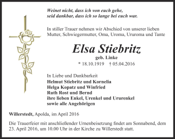 Traueranzeige von Elsa Stiebritz von Thüringer Allgemeine, Thüringische Landeszeitung